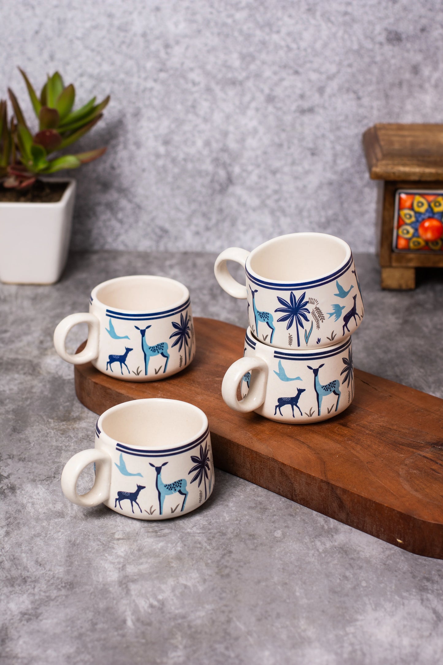 Blue deer ceramic tea cups set of 6