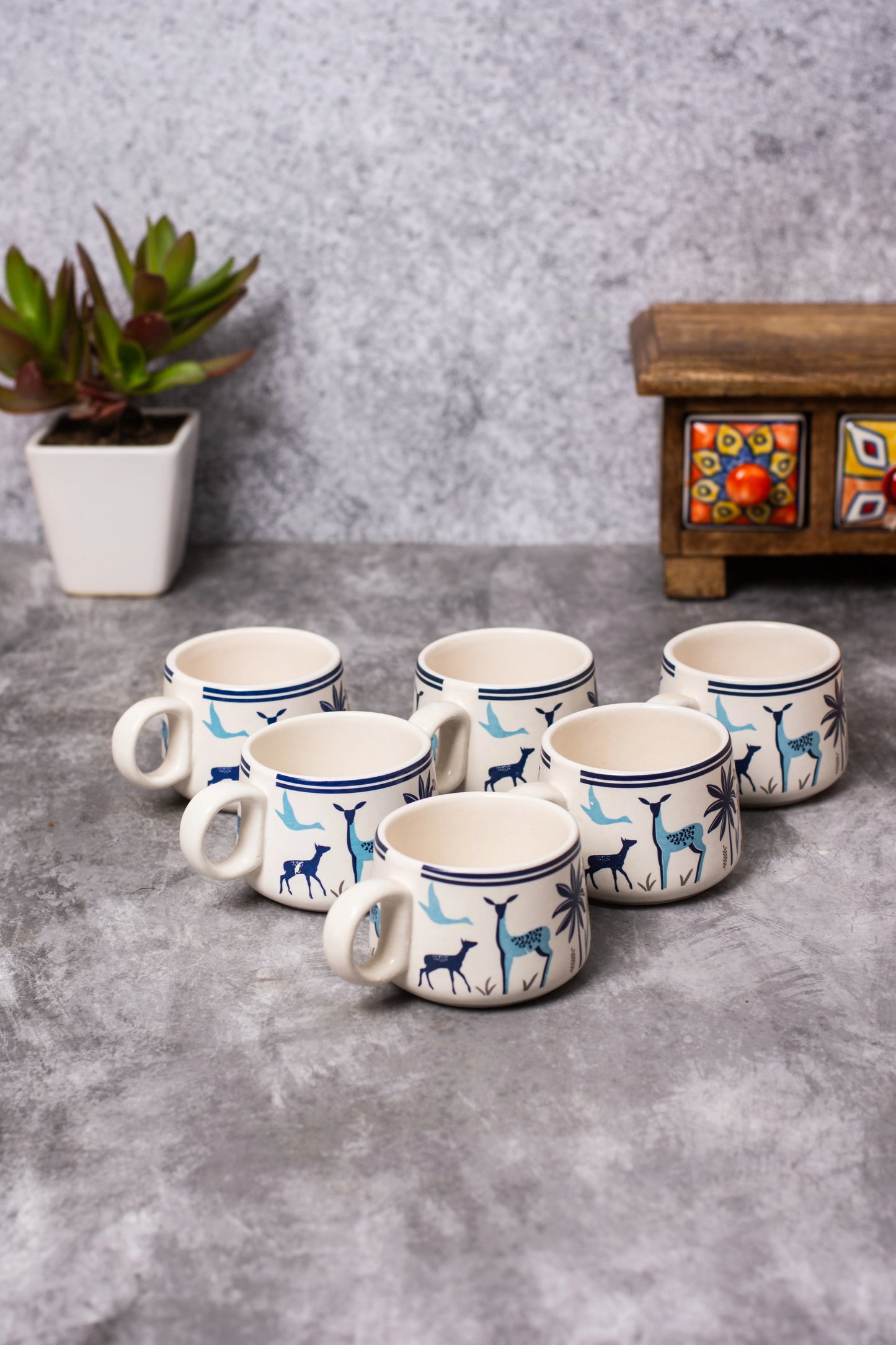 Blue deer ceramic tea cups set of 6