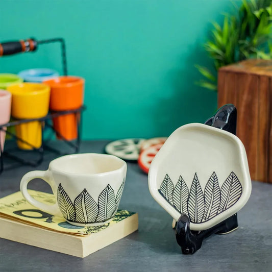 Inked Leaves Mug and Saucer